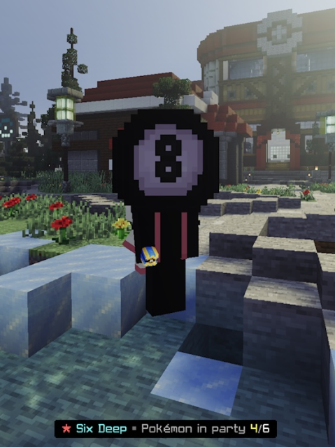 A PokéCraft player wearing the 8 Ball Head cosmetic